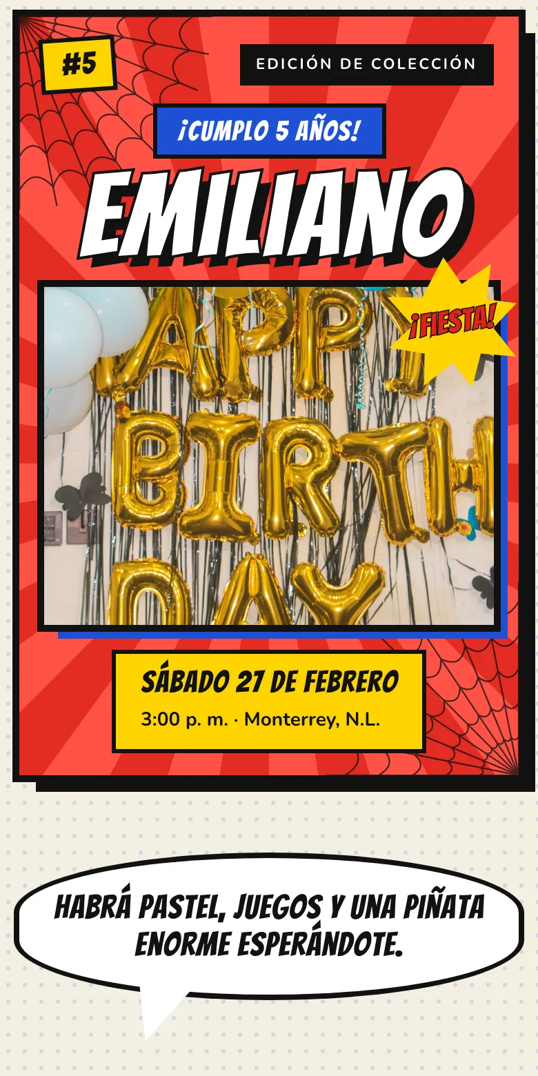 Plantilla Héroe arácnido de invitación digital para fiesta infantil