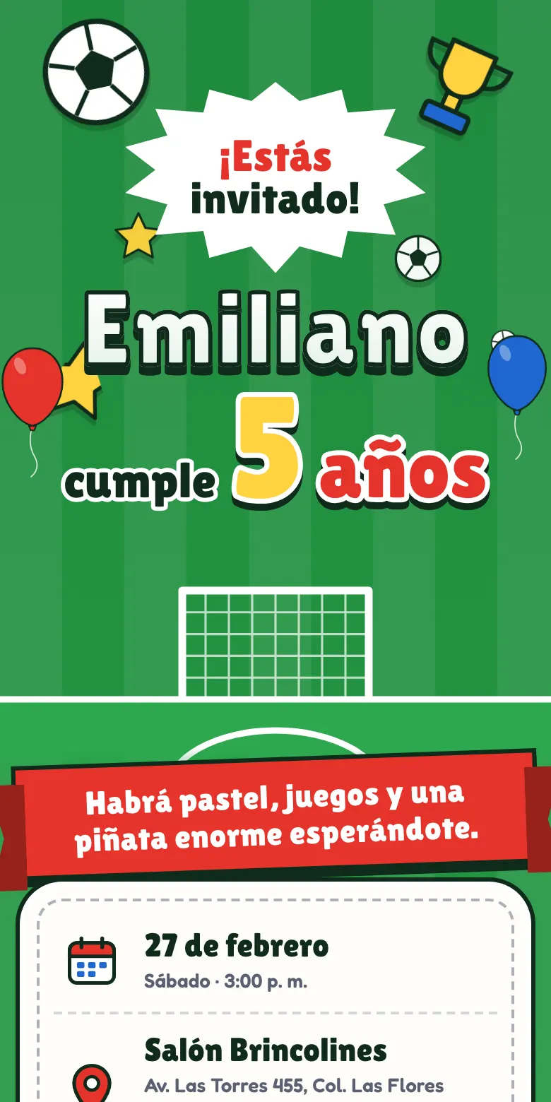 Plantilla Fútbol de invitación digital para fiesta infantil